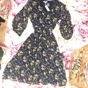 Blue floral chiffon waist tie midi dress